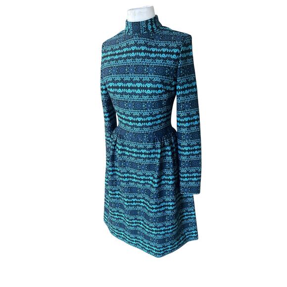 Vintage 70s Dress Blue Patterned Knit Midi Fit & Flare Long Sleeves Small S Bold - Picture 3 of 11